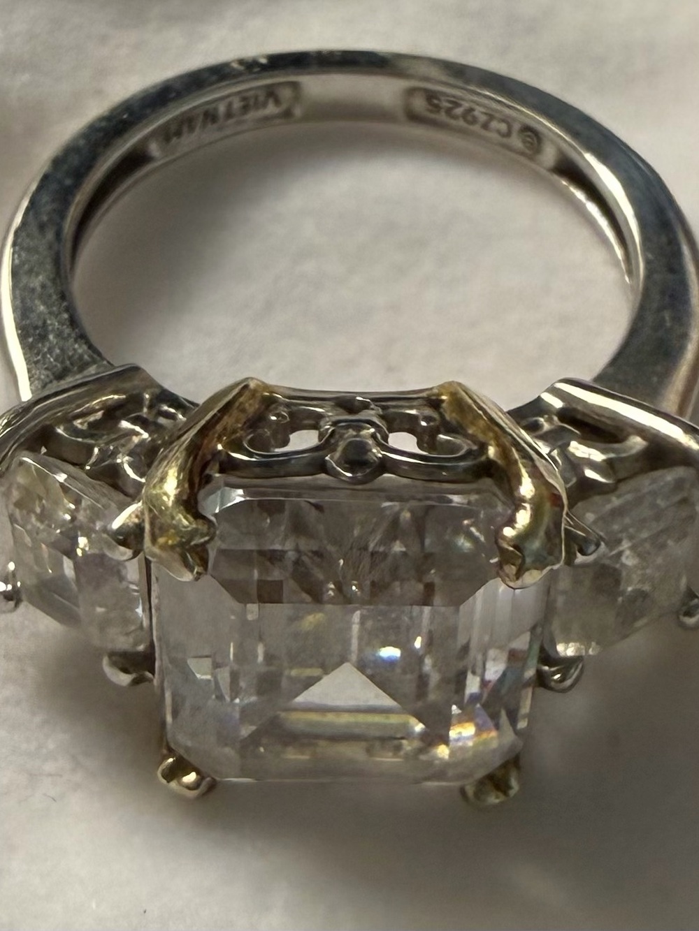 Sterling Silver and Gold-Prong Emerald-Cut CZ Ring - White